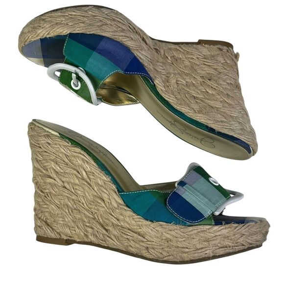 JESSICA SIMPSON Wedge Heels Pink Blue Green Plaid Buckle Open Toe GALVIN Sz 6 B - Picture 5 of 12
